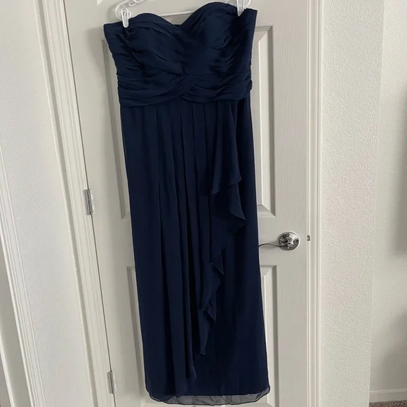 David’s Bridal Crinkle Chiffon Dress with Cascade Skirt, Color Marine, Size 18 - Picture 3 of 11